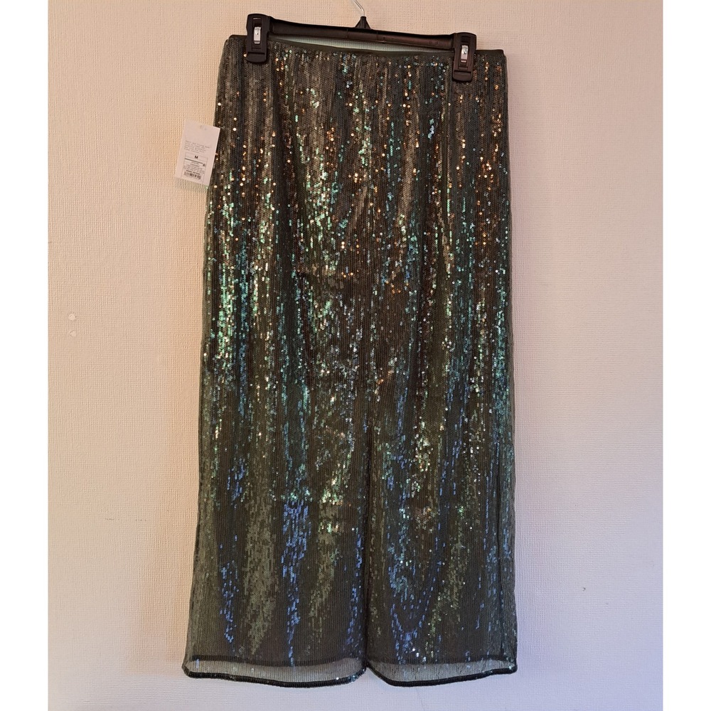 A New Day‎ Sequin Midi Skirt Womens Size M Olive Green NWT Holiday Glam 1283-320